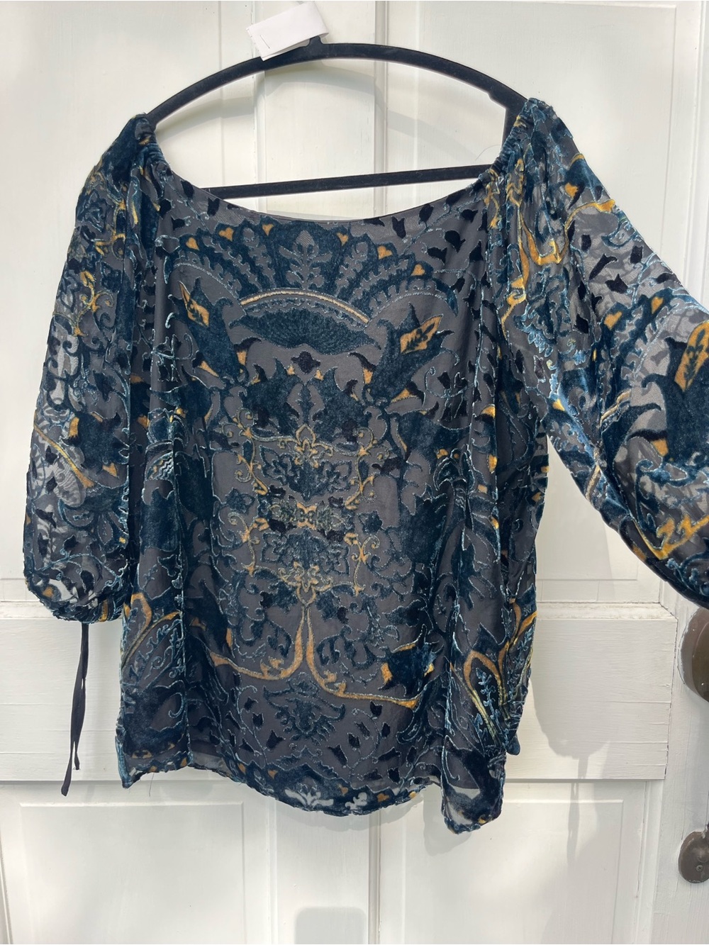 Dalia Navy and Gold Velvet Burnout Off-Shoulder Blouse